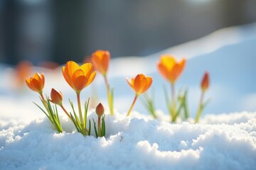 Snowy landscape with five plucked orange flowers of trollius asiaticus, blossom, twig, delicate