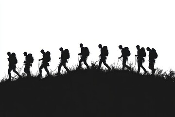 Silhouette of hikers walking in a line, carrying backpacks and trekking poles. Illustrates teamwork, adventure, and a journey towards a common goal.