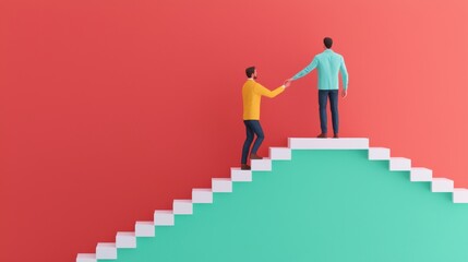 Two individuals climbing stairs together, symbolizing support and teamwork in achieving goals. A vibrant visual representation of collaboration and success.
