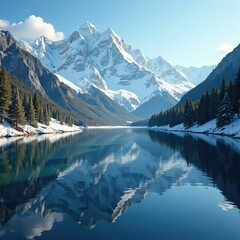Fototapeta premium Snowy mountain peaks reflected in the calm river, snow, nature, mountain