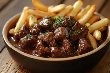 Close-up of a plate of Flemish stew with crispy French fries, highlighting the rich beer sauce and tender beef, served on a wooden table in a warm, rustic kitchen adorned 