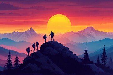 Fototapeta premium Hikers silhouetted against vibrant sunset, atop mountain peak. Illustrates teamwork, achievement, and the beauty of nature.