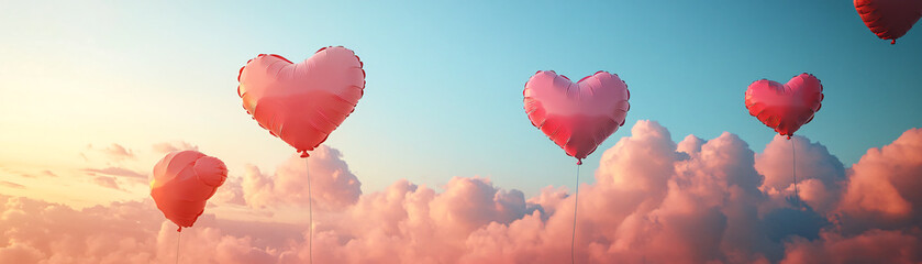Fototapeta premium Colorful heart-shaped balloons floating in a dreamy sky full of soft clouds.