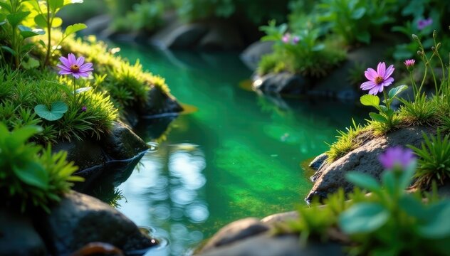 Verde agua estancado en el suelo, flores moradas cerca, purple, plants