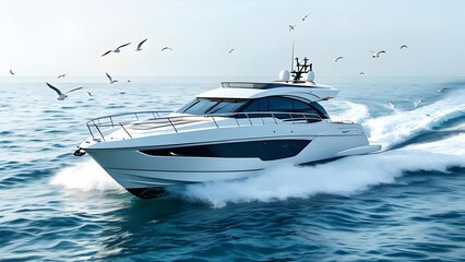 A sleek, modern yacht is cruising on the ocean, surrounded by seagulls.