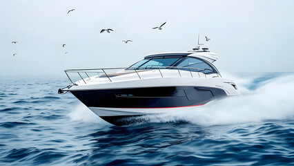 A sleek, modern yacht is cruising on the ocean, surrounded by seagulls.