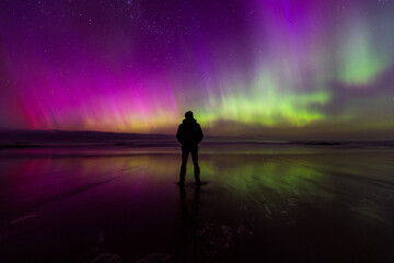 The stunning Southern Lights (aurora australis) over Dunedin, Otago Region, New Zealand.