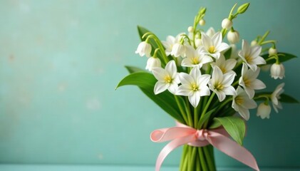 Vintage-inspired bouquet of lily of the valley with ribbon and flowers, ribbon, pastel