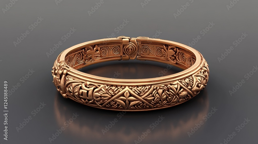 Poster d model of an intricate bracelet with interlocking components and intricate designs, rendered on cad