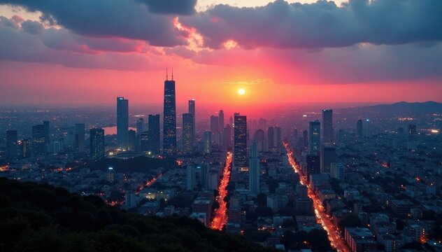 Vista panor?mica de la ciudad con torres y edificios iluminados al atardecer, urbanismo, ciudad