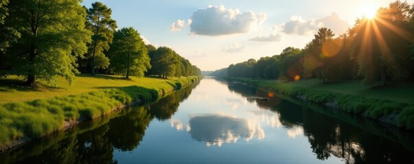 Fototapeta premium Vue de canal avec chemin de halage sur la droite, rivi?re, lumi?re, bord