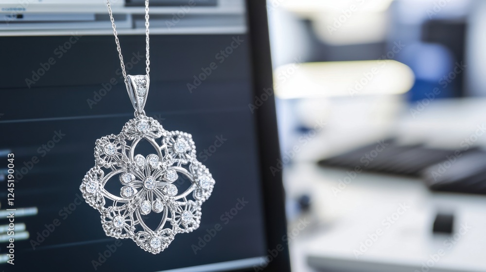 Poster a d cad model of an intricate diamond pendant in the process of being modified on a computer screen.