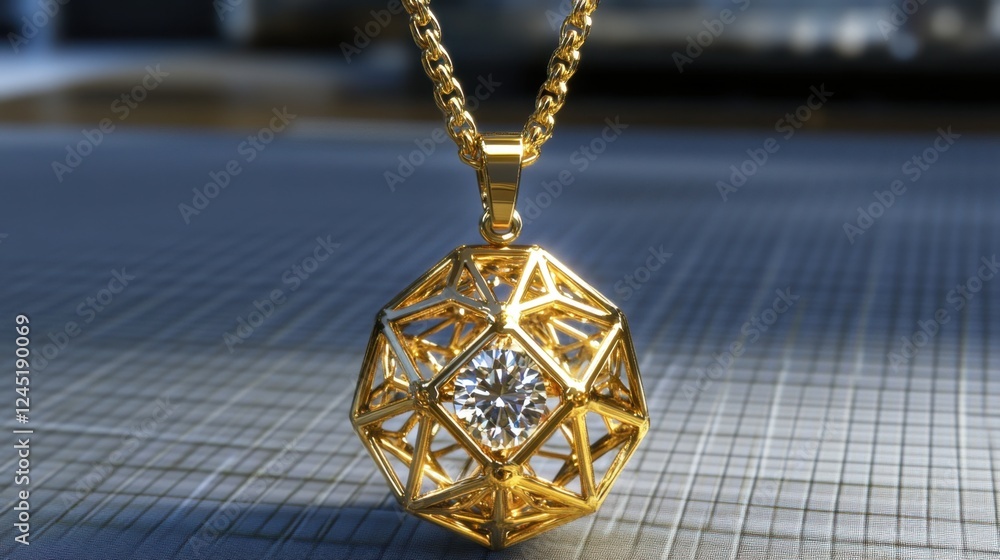 Poster a d cad model of an intricate diamond pendant in the process of being modified on a computer screen.