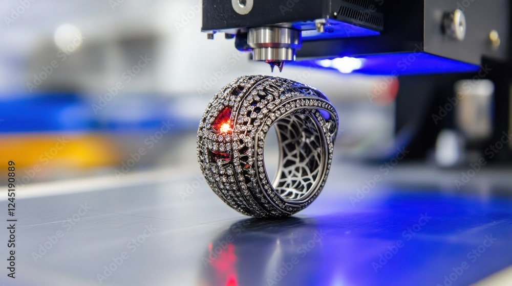 Poster a d printer in the process of printing a customized ring with diamond settings, displayed on a workb