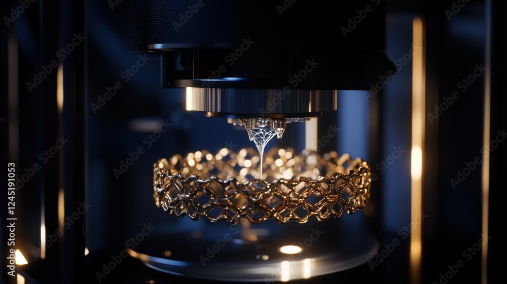 Poster a d printer printing a complex bracelet design with small metal components gradually taking shape.