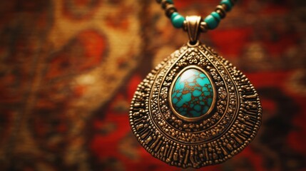 A beautifully detailed turquoise pendant necklace displayed against a warm-toned backdrop.