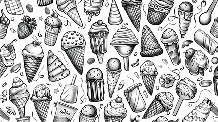 A vibrant collection of hand-drawn ice cream cones and popsicles on a whimsical background