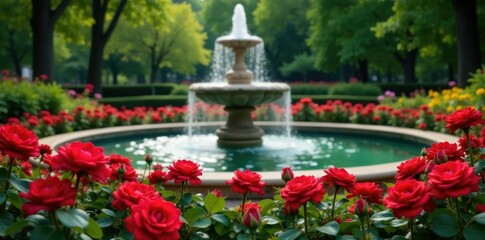 Blooming red roses surround a serene fountain, water feature, lush greenery