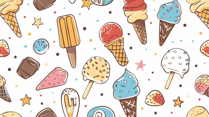 Colorful illustration of various ice cream cones and popsicles scattered on a white background (2)
