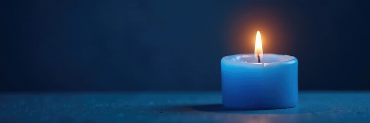 Blue candle with soft flame against a gradient backdrop, gentle heat, dark background, serene scenery