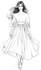 Fototapeta premium A woman is walking down a runway wearing a white dress. The dress is long and flowing, and the woman's hair is blowing in the wind. Scene is elegant and sophisticated, with the woman's posture