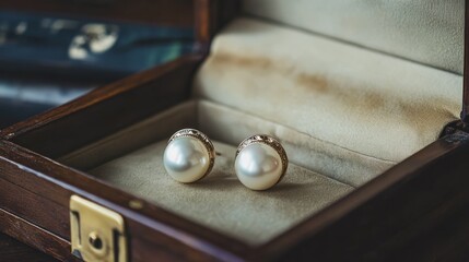 A charming pair of vintage pearl earrings placed gently on an open jewelry box.