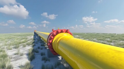 Yellow Gas Pipeline Across Grassy Field Under Blue Sky