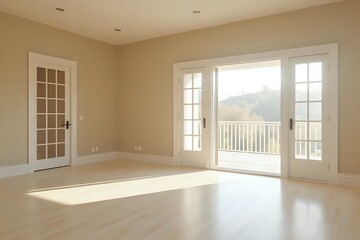 Fototapeta premium Interior of empty spacious living room with beige walls and laminated floor with doors leading to balcony with copy space
