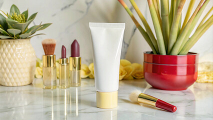 Blank White Cosmetic Tube with Makeup Brushes and Plant on Marble Background