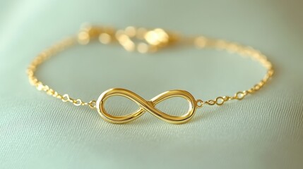 A delicate infinity symbol bracelet in gold, elegantly displayed against a pastel background.
