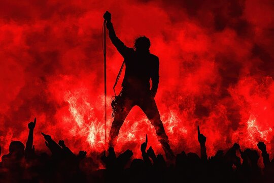 Silhouette of a rockstar performing on stage, fiery red background, enthusiastic crowd. Perfect for music, concert, energy, and passion related projects.