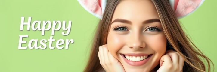Smiling girl with bunny ears celebrates Easter with joy and excitement in a bright setting