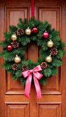 Gold and pink festive Christmas wreath on a wooden door with pinecones and ribbons, festive,