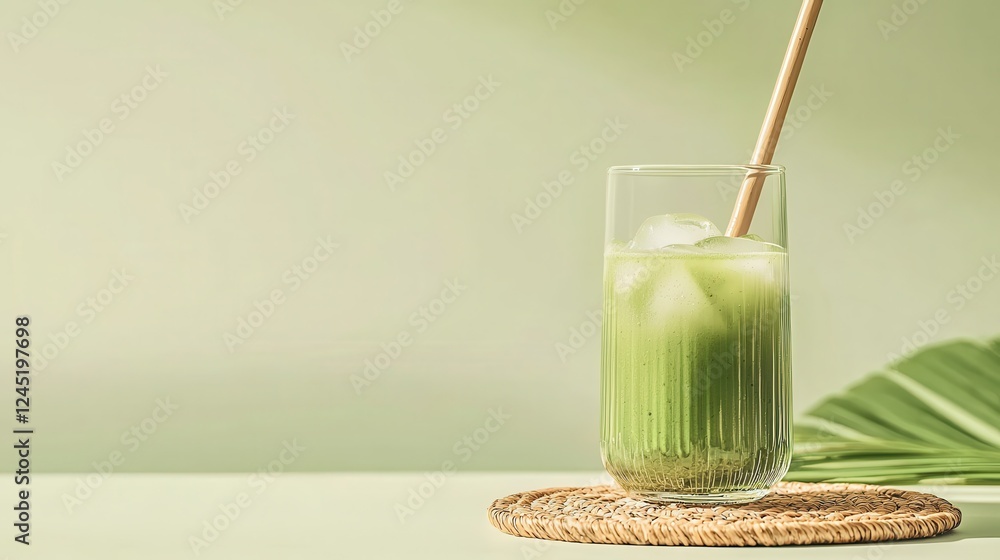 Poster refreshing green drink with ice minimalist setting beverage calm environment close-up view