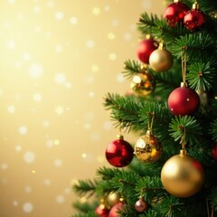 Gold Christmas tree with colorful ornaments in soft focus background, radiant shine, gold ornaments