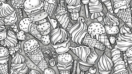 Naklejka premium A vibrant collection of various ice cream cones and desserts against a playful background
