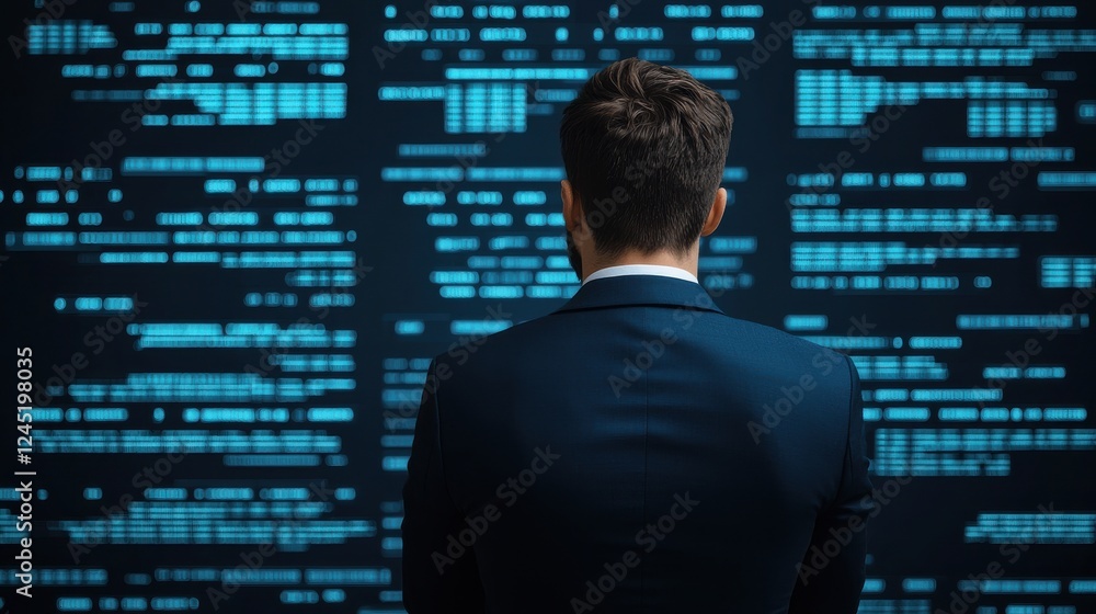 Poster a businessman analyzes data on a large screen, showcasing the intersection of technology and commerc