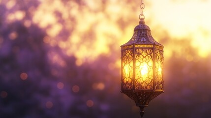 Ornate Ramadan Lantern with Mystical GlowDecorative Lantern with Candle and Bokeh Lights