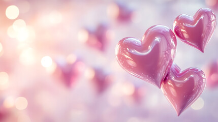 Obraz premium Delicate pink hearts floating against a dreamy soft background, evoking love and joy.