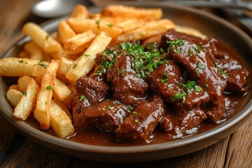 Close-up of Flemish stew featuring tender beef chunks in a deep, flavorful beer sauce, accompanied by crispy golden French fries, set on a rustic wooden table in a warmly lit, vintage kitchen.