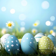 colourful easter eggs in green grass with spring flowers and soft blue bokeh background