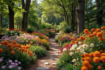 Sunlit Garden Path With Vibrant Blooming Flowers