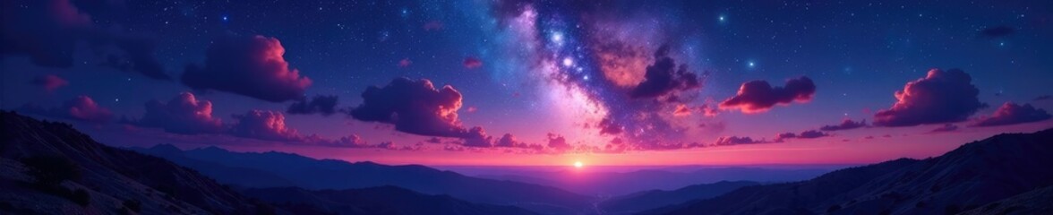 Fototapeta premium paisaje con cielos luminoso y estrellas multicolores con un efecto sonoro, iluminacion nocturna, estrellas multicolors, luz natural