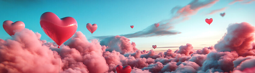 Fototapeta premium Dreamy clouds and hearts create a romantic atmosphere in the sky at sunset.