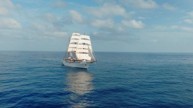Sea Cloud sailing cruise ship vessel with passengers on board in the Atlantic Ocean, Drone shot