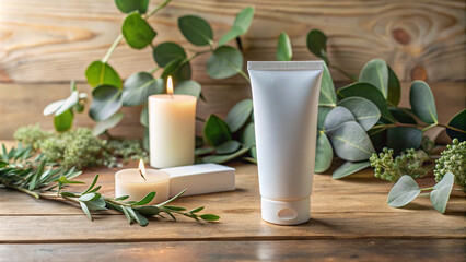Blank White Cosmetic Tube with Natural Elements on Rustic Wooden Background