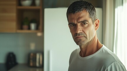 Obraz premium Caucasian male adult in home kitchen setting with pensive expression