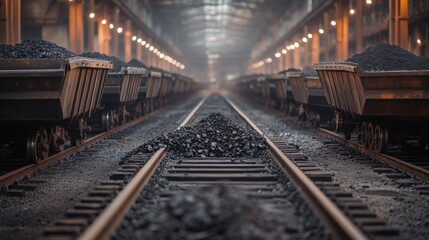 Fototapeta premium A row of industrial mining carts filled with raw coal lined up on a railway track.