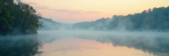 Fototapeta premium Peaceful morning scene with mist rising from a lake, serene, still