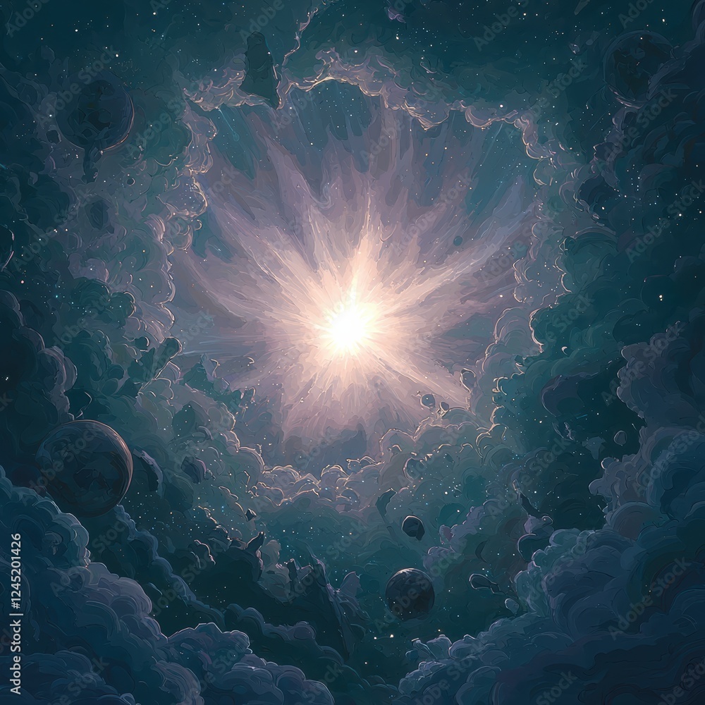 Poster celestial explosion outer space digital art cosmic environment wide-angle view universe concept